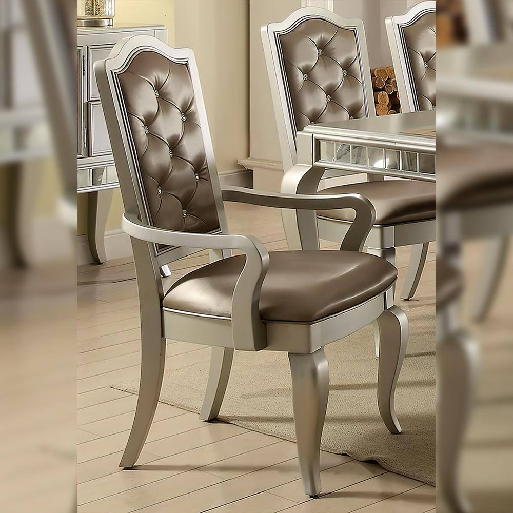 Gray Faux Leather and Wood Accent Chair with Tufted Back