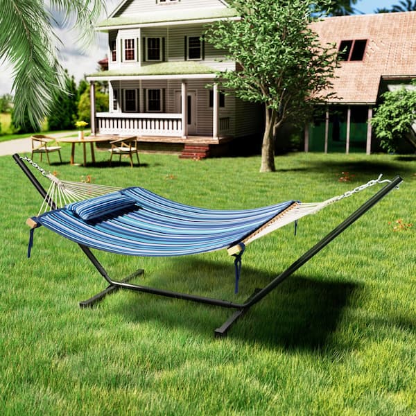 12 ft. Quilted 2-Person Hammock Bed with Stand and Detachable Pillow, Blue Stripes