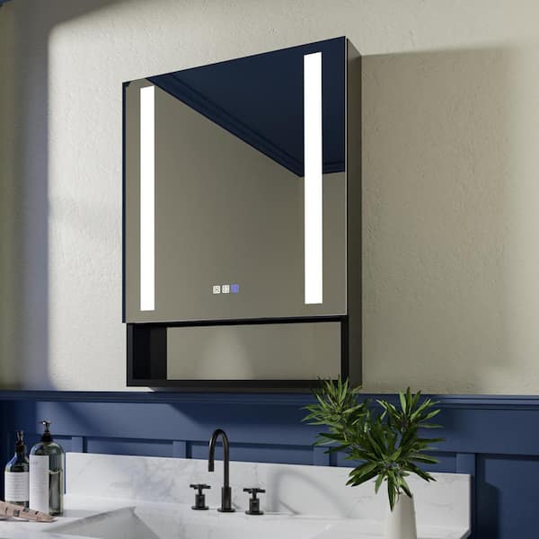 Unbranded 24 in. W x 32 in. H Surface/Recessed-Mount Rectangular LED Bathroom Medicine Cabinet with Mirror and External Shelf