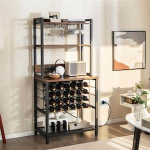 Brown Wood Wine Storage Cabinet with Wine Rack & Built-in charging station