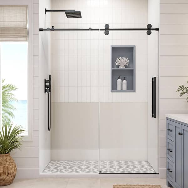 40-42 in. W x 74 in. H Single Sliding Frameless Shower Door in Matte Black with Easy-Clean Nano-Coated Glass