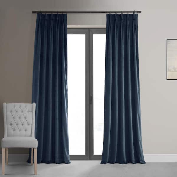 Exclusive Fabrics & Furnishings Midnight Blue Velvet Pinch Pleat Blackout Curtain - 25 in. W x 108 in. L (1 Panel)