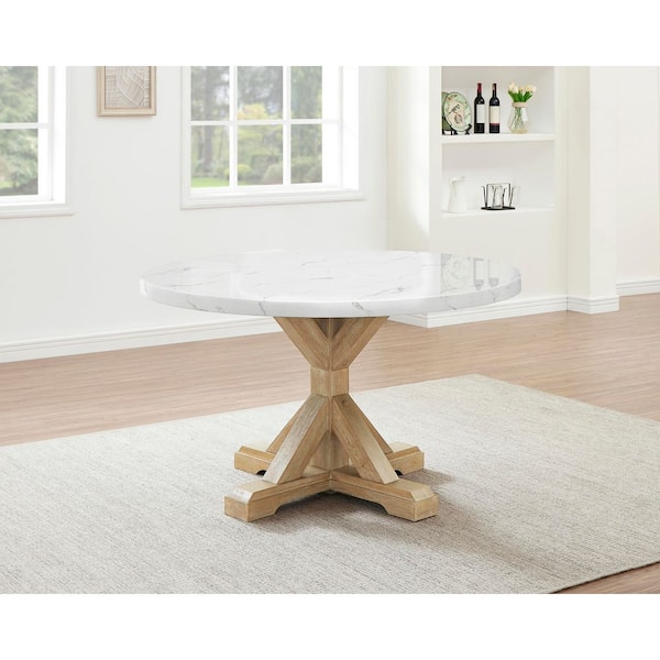 Best Quality Furniture Austin White Faux Marble Top 54 in W. Pedestal Base Rustic Beige Dining Table Seating Capacity of 4