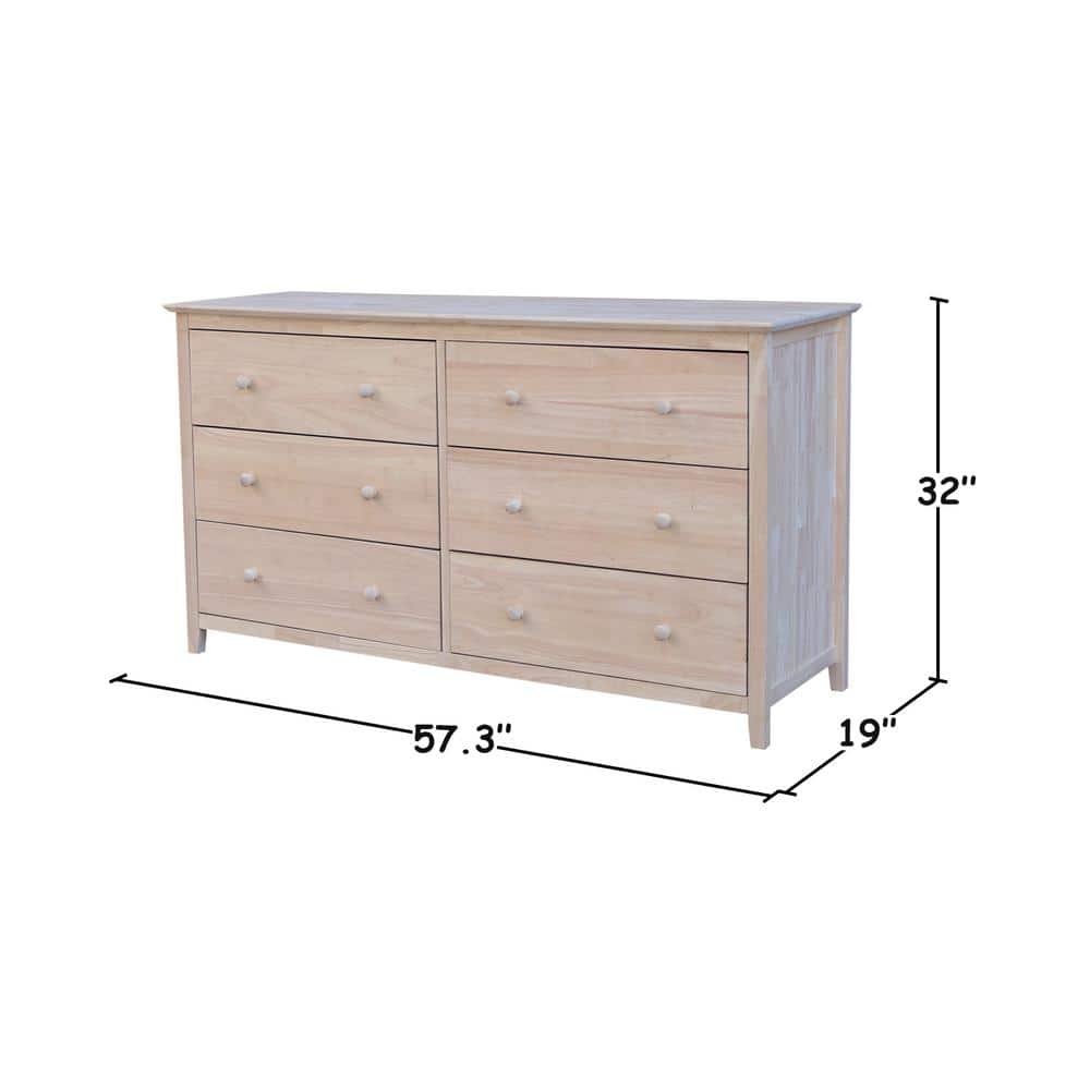 Coastal Unfinished Solid Wood 6-Drawer Dresser in Brown