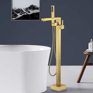 1-Handle 90 Degrees Freestanding Bathtub Faucet with Hand Shower Head in Brushed Brass