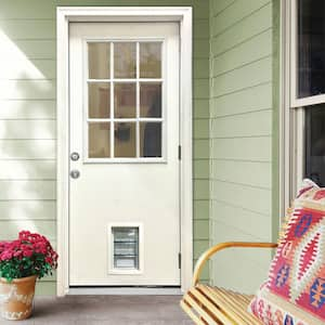 32 in. x 80 in. Reliant Series Clear 9 Lite LHOS White Primed Fiberglass Prehung Back Door with Med Pet Door