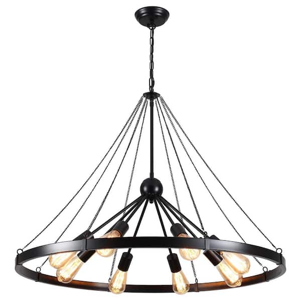 MAK BORDEN INC 8-Light Large Black Wagon Wheel Satellite Ball Chandelier Modern Farmhouse Pendant Light for Living Room