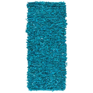Leather Shag Light Blue 2 ft. x 6 ft. Solid Runner Rug