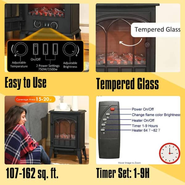 24 in. Freestanding Sheet Metal Smart Electric Fireplace with 3D Infrared and Remote Control in Black