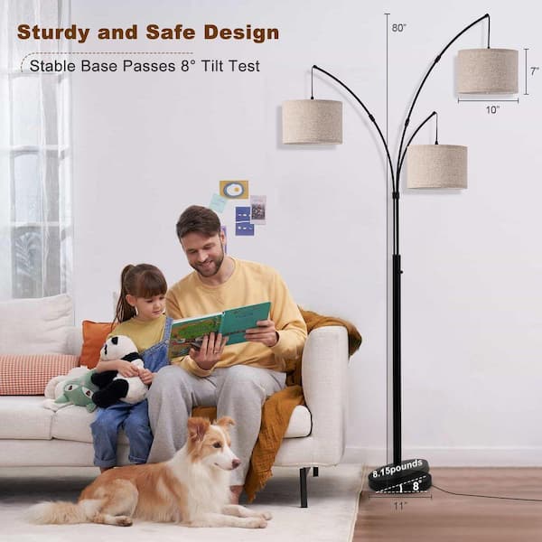 Netin 80 in. Black 3-Light Arc Floor Lamp, Dimmable, 3-Color