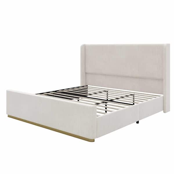 Gray Wood Frame King Platform Bed with Vertical Stripe Wingback Headboard and High Footboard