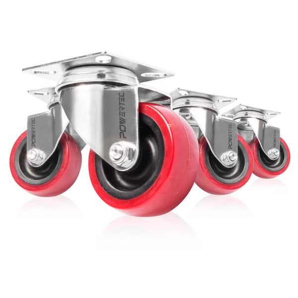 POWERTEC 2 in. Swivel PU Plate Casters Red (4-Pack)