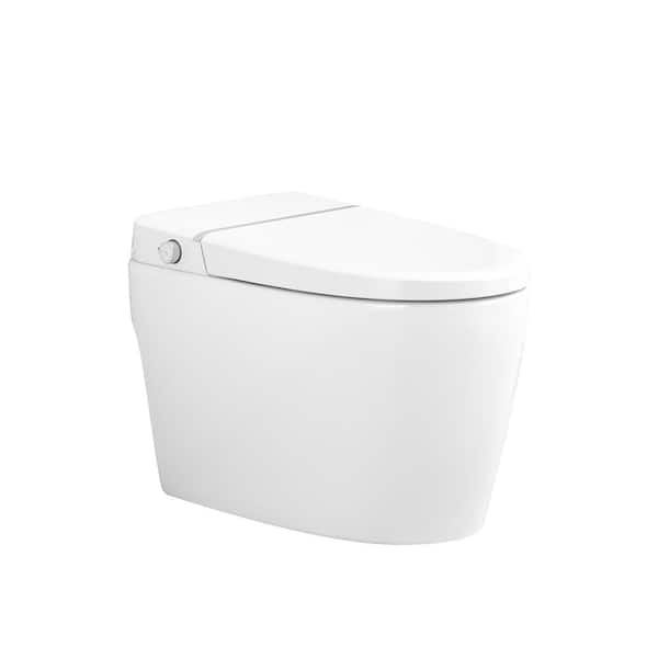 Elongated Smart Bidet Toilet Single Flush 1.28 GPF in White with Foot Sensor Open Cover/Seat, Heated Seat, Night Light