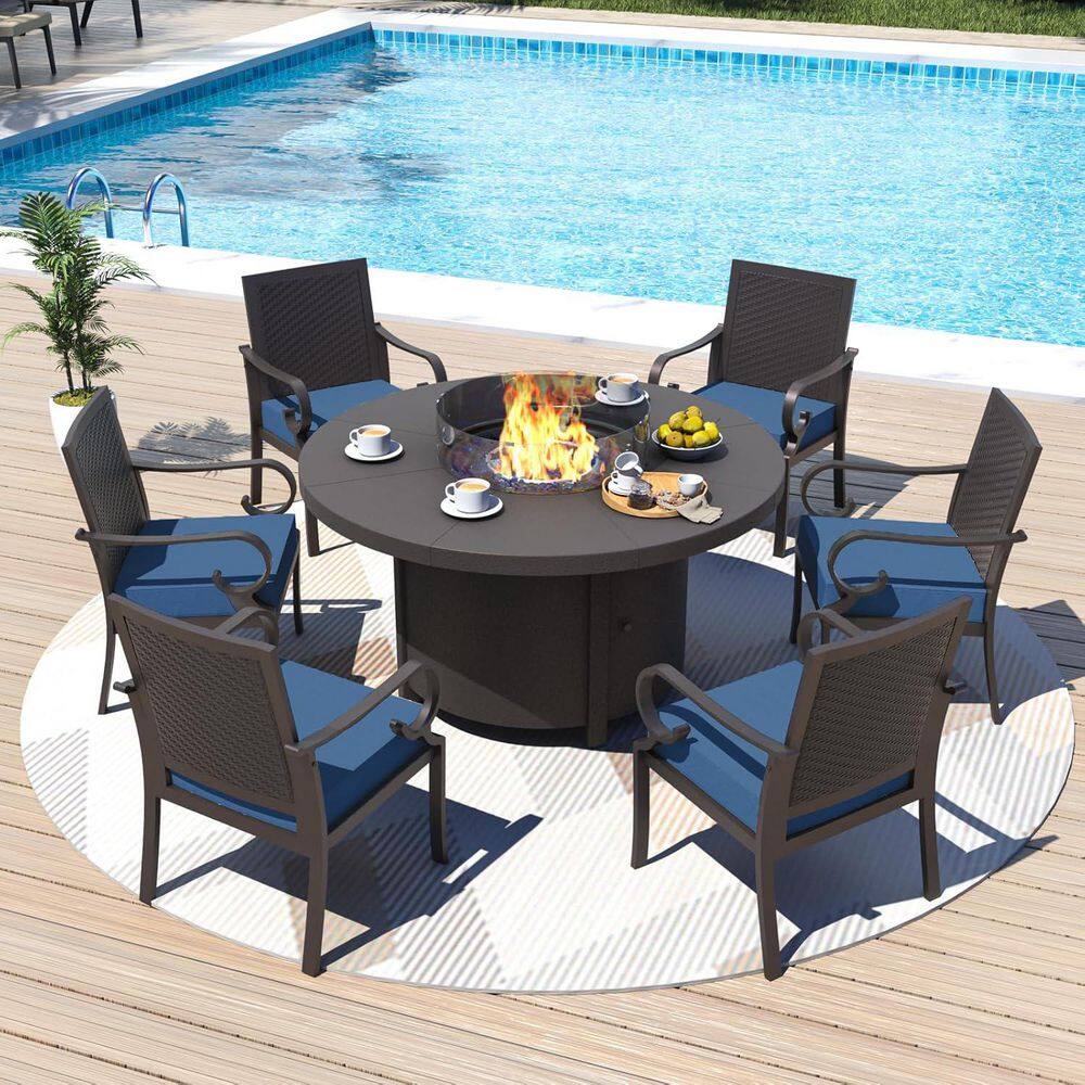 7-piece Metal Patio Conversation Set with 48"Round Fire Pit Table,Wind Guard and 6 Back-weaving Chairs,Cushion Navy Blue