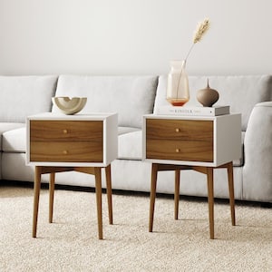 Harper 23 in. 2-Drawer Mid-Century Side Table, White/Brown, Set of 2