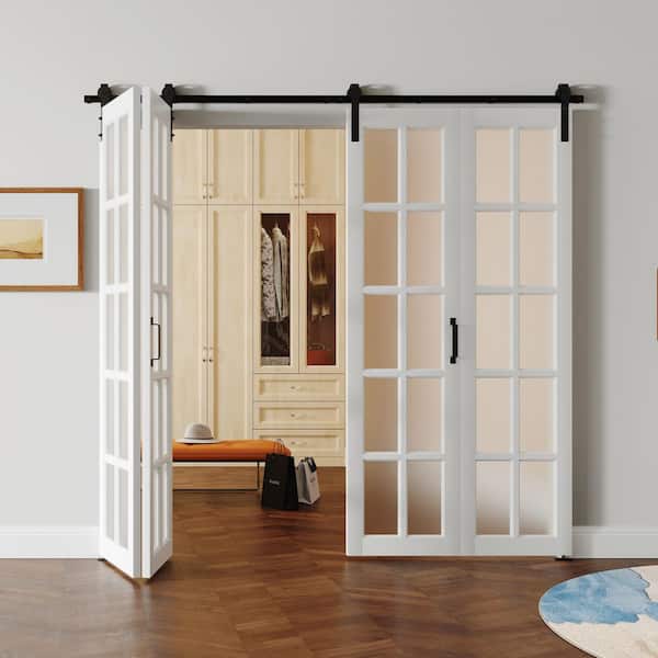 84in x 84in 10 Lite, Frosted Glass, White, MDF, Bi-Fold Style, Pre-assembled Panel Sliding Barn Door with Hardware Kit