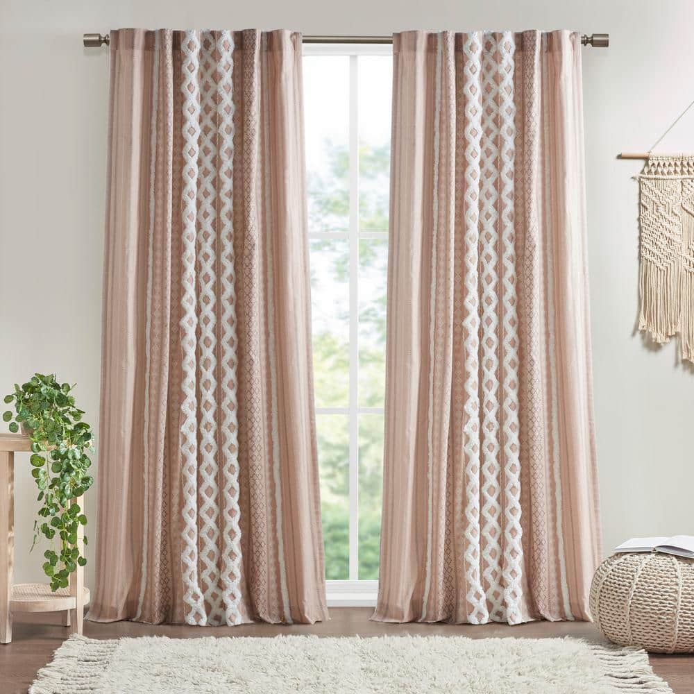 Blush Cotton Light-Filtering Window Curtain with Chenille Stripe, 50" x 84"