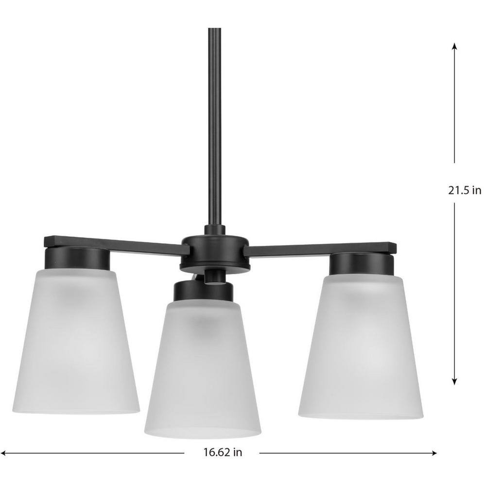 Matte Black Steel 3-Light Chandelier with Etched Glass Shades