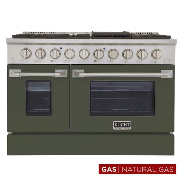 Kucht Pro-Style 48 in. 6.7 cu. ft. 8-Burners with Double Oven Natural Gas Range in Stainless Steel and Olive Green Oven Door