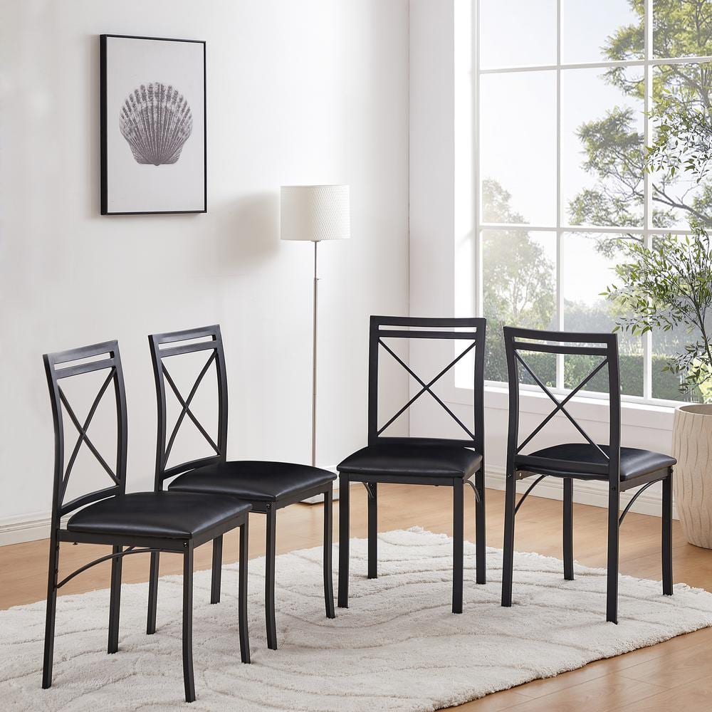 Black Faux Leather High Back Cross Metal Dining Chairs Set of 4