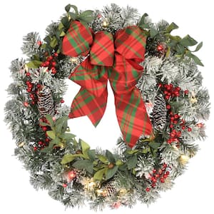 24 in. General Store Snowy Artificial Christmas Wreath with LED Lights and Bow