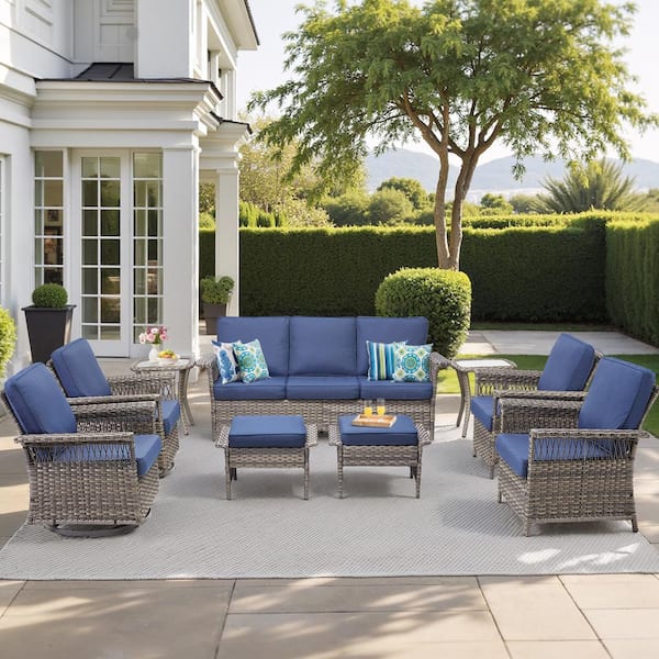 Buenaola Nyajiah 9-Piece Wicker Outdoor Patio Conversation Set with Blue Cushions