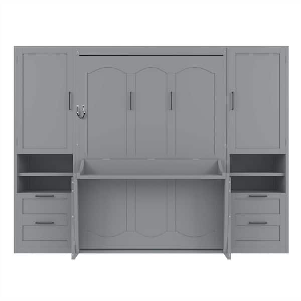 Gray Wood Frame Full Size Murphy Bed with Closet, Drawers and Shelves