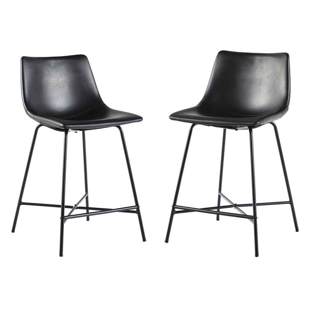 24" Black Faux Leather and Metal Counter Stools, Set of 2
