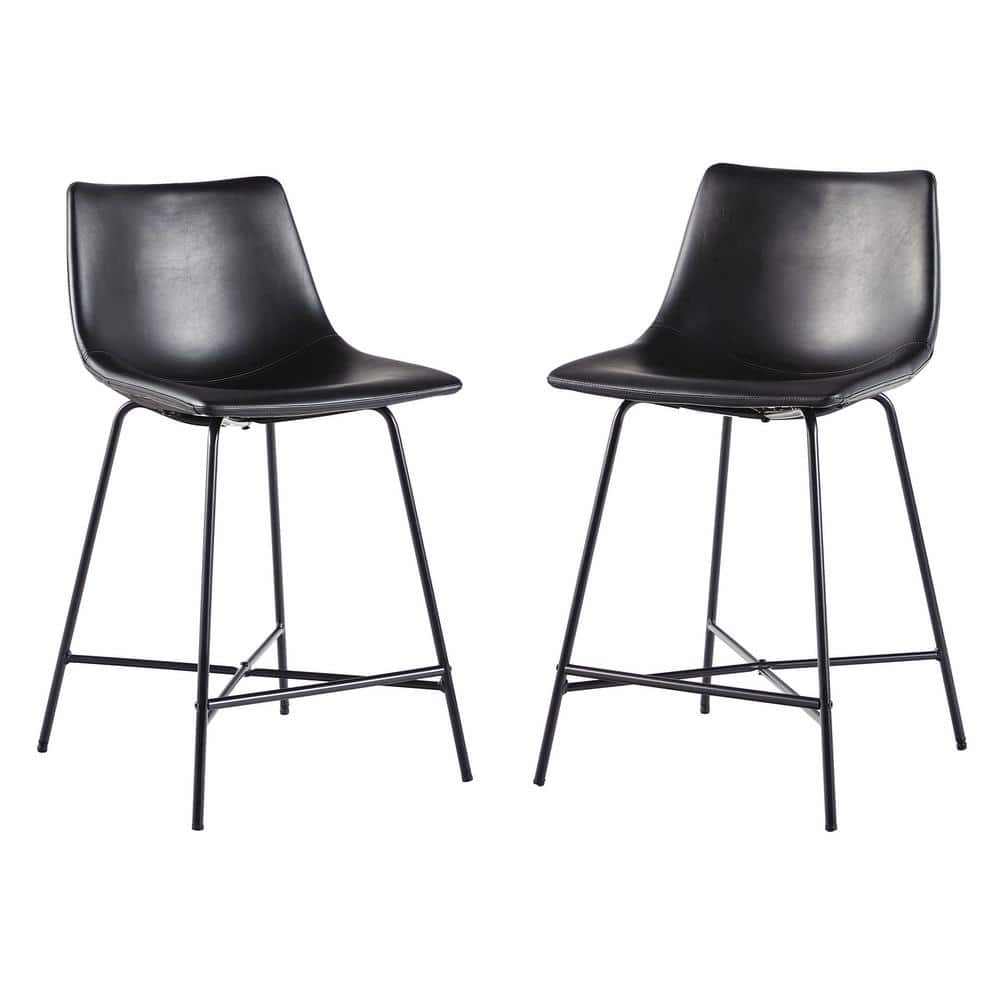 24" Black Faux Leather and Metal Counter Stools, Set of 2