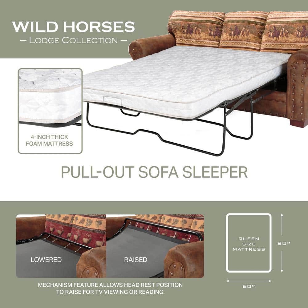 Brown Faux Leather Queen Sleeper Sofa with Nailhead Accents