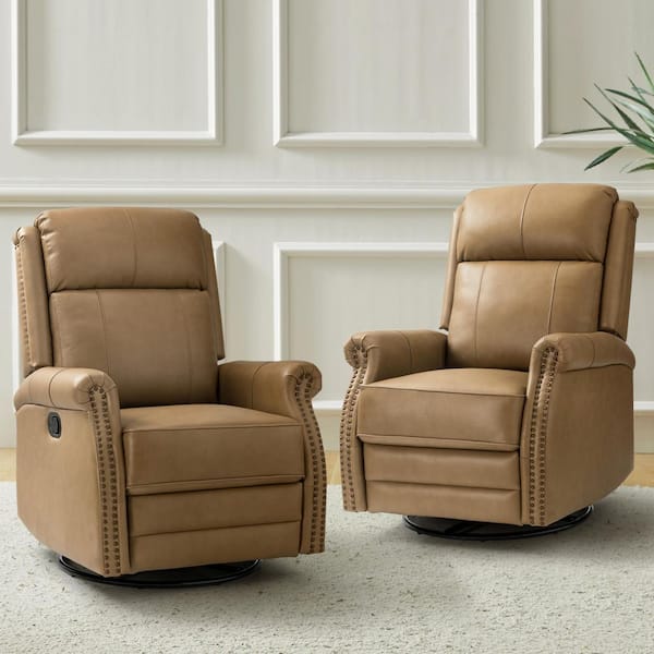 JAYDEN CREATION Sonia Transitional Taupe 30.5 in. Wide Genuine Leather Manual Rocking Recliner w/ Metal Base and Rolled Arms (Set of 2)