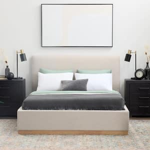 Glendhill Beige Oat Polyester Frame Queen Grounded Platform Bed with Wood Base