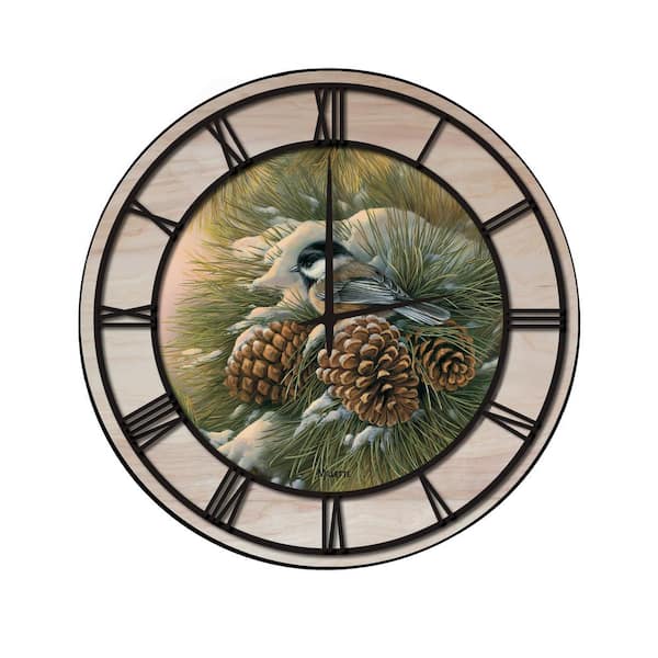 Unbranded "December Dawn Chickadee" Woodgrain Accent and Black Numbers Imaged Wall Clock