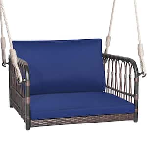 Brown Wicker Porch Swing Chair Rattan Woven Hanging Bench Seat 1 Person with Navy Cushions Hooks Balcony