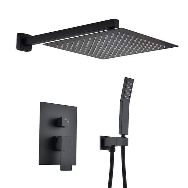 Unbranded 1-Handle 2-Spray Square Wall Mount Shower Faucet with 12 in. Shower Head in Matte Black (Valve Included)