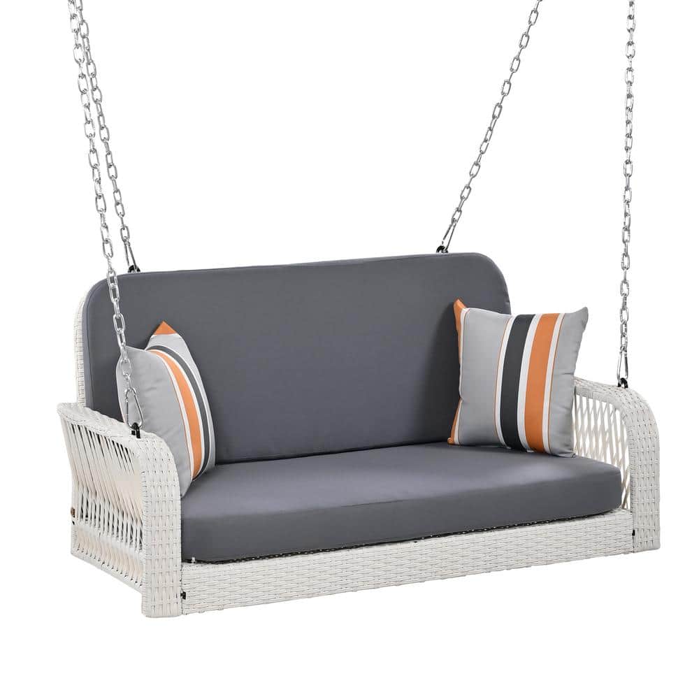 2-Person White Wicker Porch Swing with Gray Cushions and 2 Pillows