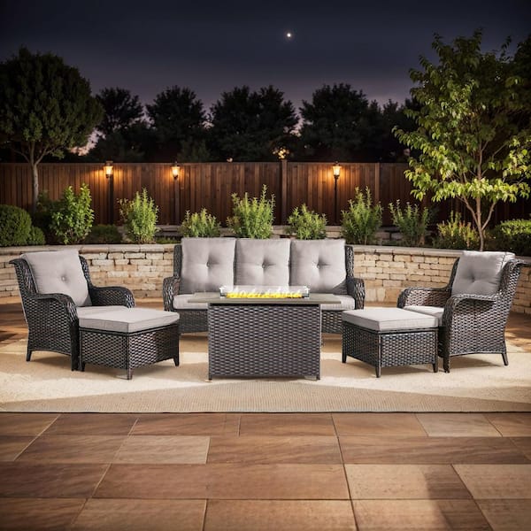 moosprr Arcline 6-Piece Brown Wicker Fire Pit Conversation Set with Olefin Beige Cushions and Lounge Chairs and Couch