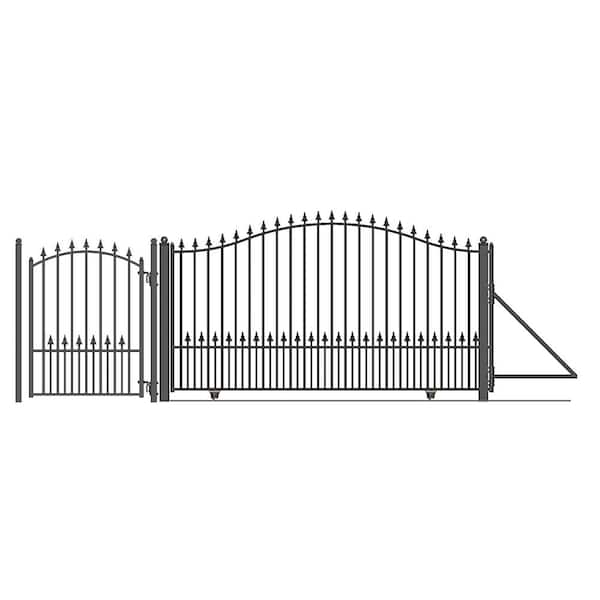 ALEKO 17 ft. x 6 ft. x 12 ft. Black Steel Single Sliding Driveway Gate Munich Style with Pedestrian Gate 5 ft. Fence Gate