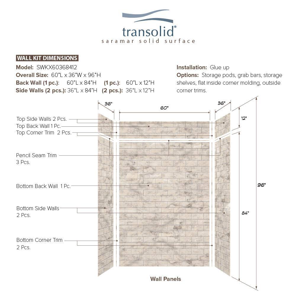 SaraMar Sand Beige 60" x 96" Solid Surface Shower Wall Kit