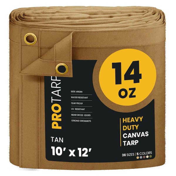 Heavy Duty 14 OZ Water Resistant Canvas Tarp, UV Resistant Tarpaulin Cover Tan 10X12