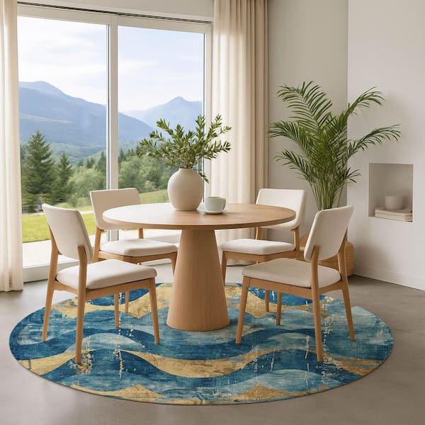 Mayfield Premium Machine Washable Abstract AMF1786 Teal 8 ft. x 8 ft. Round Rug