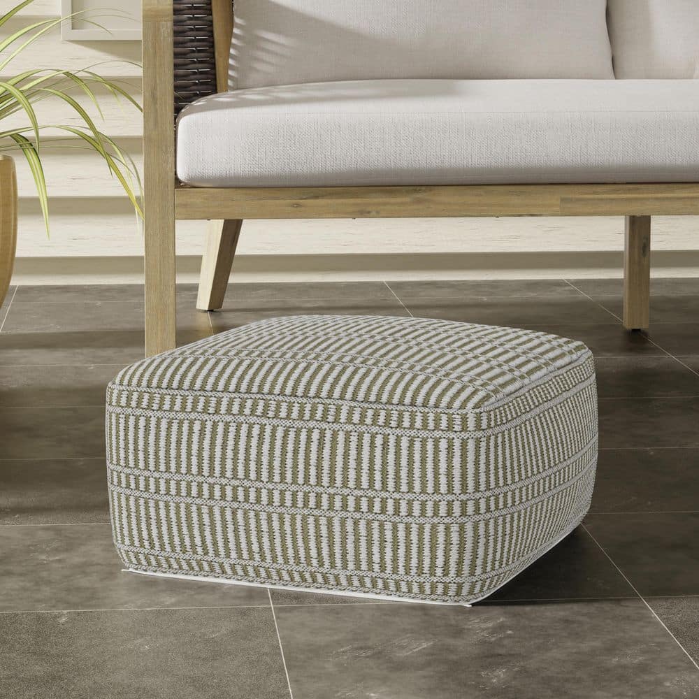 Simpli Home Safford Natural/Travertine/White Recycled Polyester Square 20 in. Boho Outdoor/Indoor Pouf, Assembled