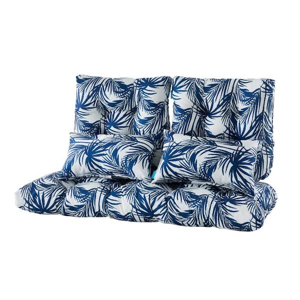 BLISSWALK Outdoor Loveseat Bench Cushions with 2 Lumbar Pillows Set of 5 Wicker Tufted Cushions for Patio Furniture in Blue Leaf