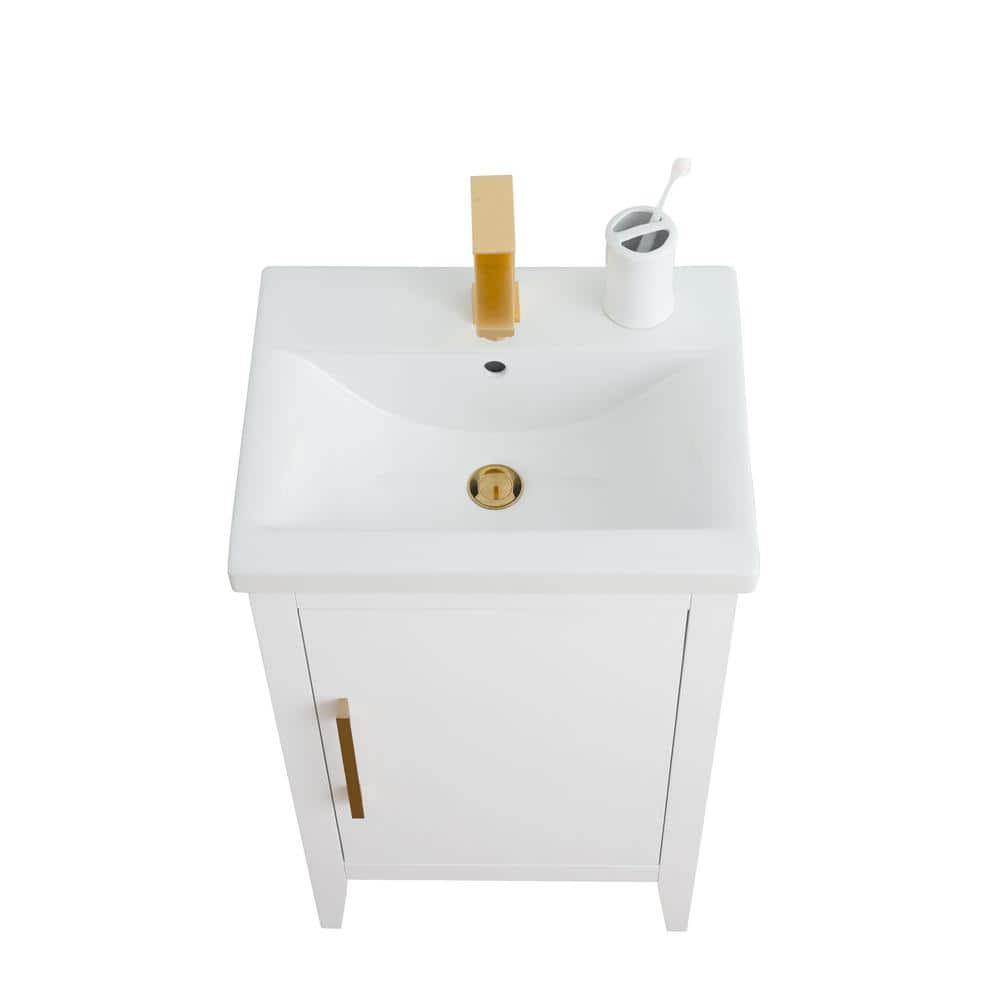 White and Golden Brushed Single Bathroom Vanity with Ceramic Top