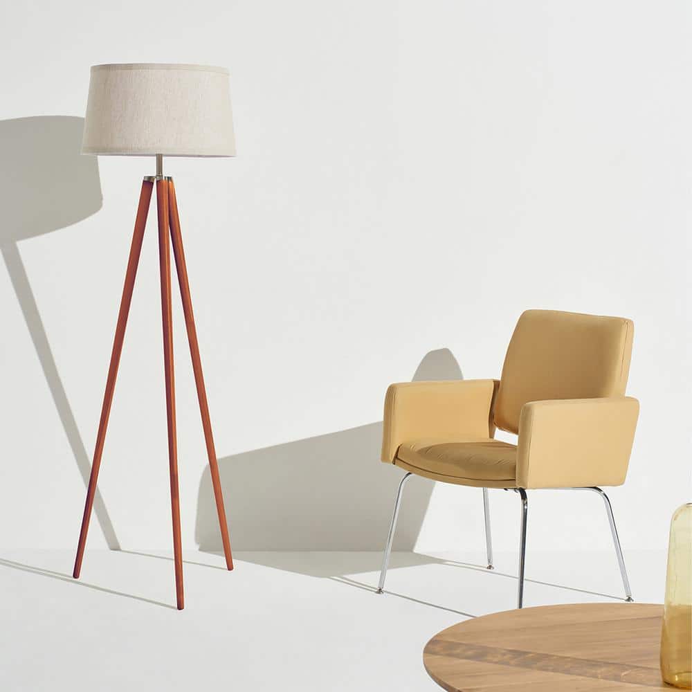 Walnut Brown Tripod Floor Lamp with White Fabric Shade
