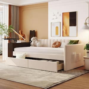 Multi-functional Beige Twin Size Upholstered Daybed with Storage Armrest and 2-Drawers, Cup Holder, USB Port and Sockets