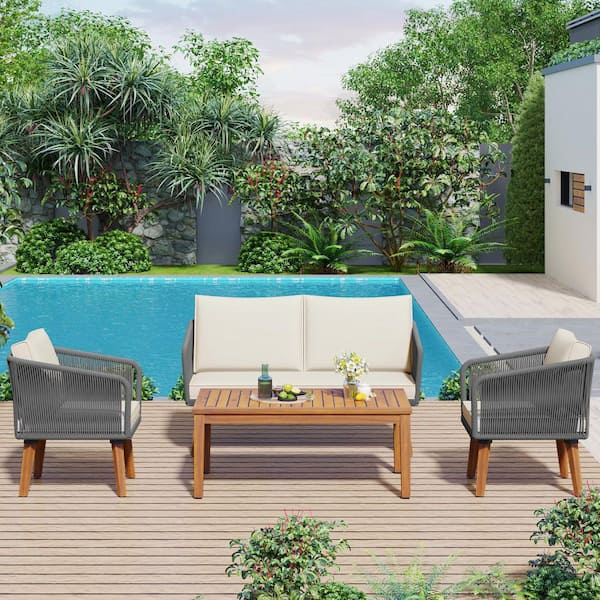 HomeAura 4-Piece Wood Patio Conversation Set with Beige Cushions