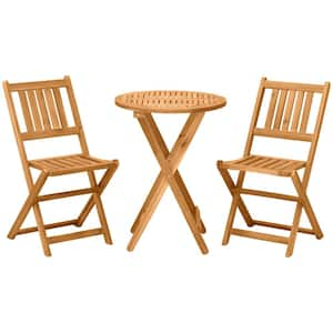 3-Piece Natural Acacia Wood Folding Outdoor Bistro Set with 2 Folding Chairs, Round Coffee Table for Backyard, Balcony