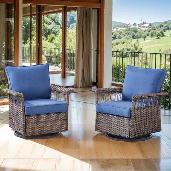 Pocassy Seagull Collection Swivel Wicker Outdoor Rocking Chair Furniture with Deep Seat and CushionGuard Blue Cushions