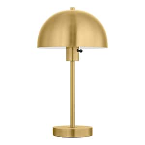 Corbin 17.5 in. Brushed Brass Modern 1-Light Table Lamp with Metal Dome Shade and AC Outlet on Base